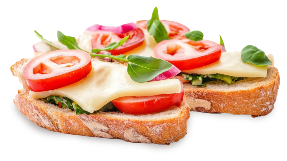 Crispy sandwiches with Lactima cheese, tomatoes, and fresh herbs