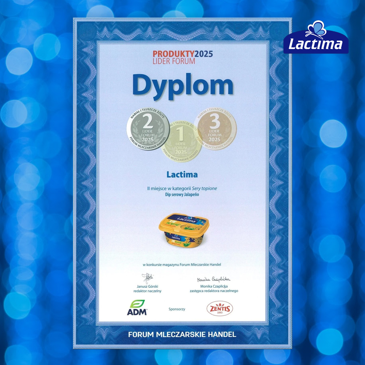 Dyplom Lactima: II miejsce w&nbsp;kategorii Sery topione (Dip serowy Jalapeño) w&nbsp;konkursie Produkty 2025 Lider Forum