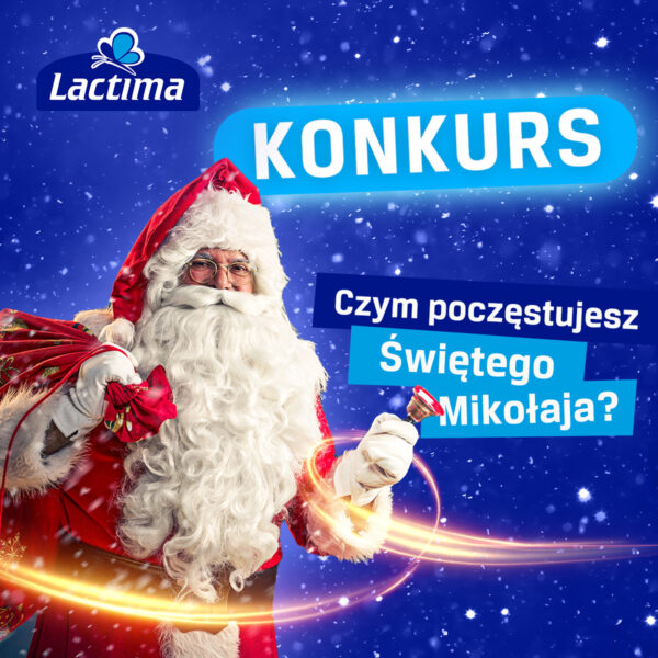 Świąteczny baner Lactima z&nbsp;konkursem, Święty Mikołaj na&nbsp;tle gwiazd i&nbsp;pytanie o&nbsp;poczęstunek
