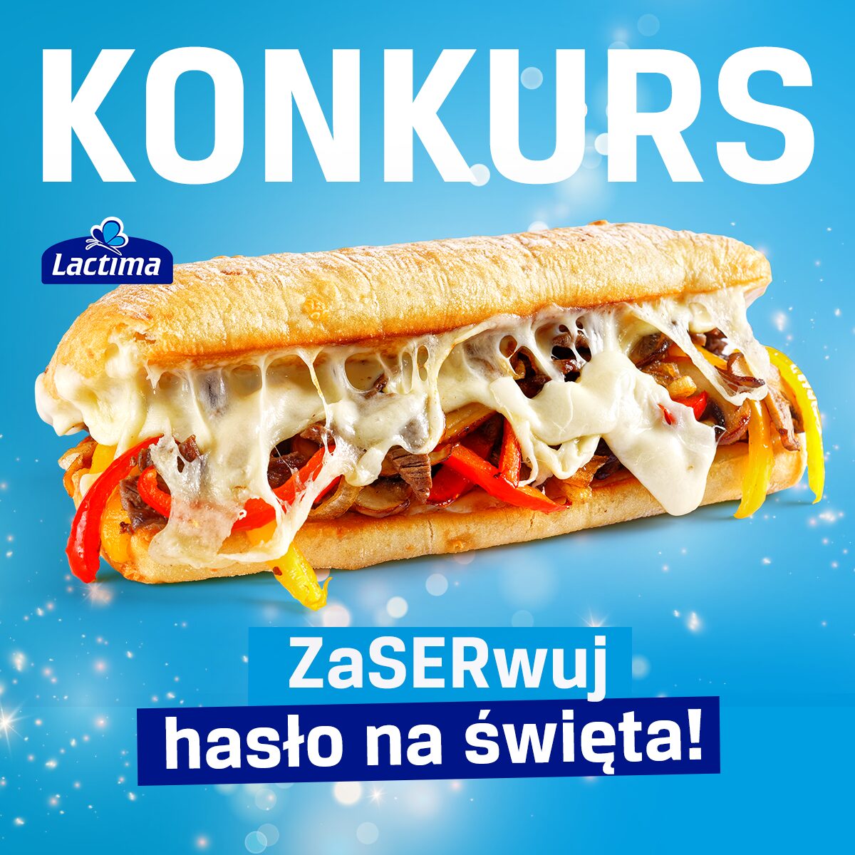 Baner konkursowy Lactima z&nbsp;zapiekaną bagietką z&nbsp;roztopionym serem i&nbsp;warzywami na&nbsp;niebieskim tle