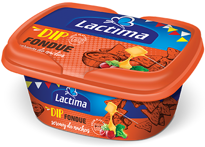 Serowy dip Lactima Fondue do&nbsp;nachos w&nbsp;pomarańczowym opakowaniu plastikowym