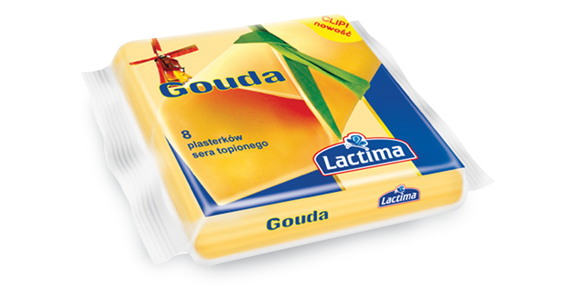 Pierwsza produkcja serów topionych w&nbsp;plasterkach Lactima, opakowanie sera Gouda