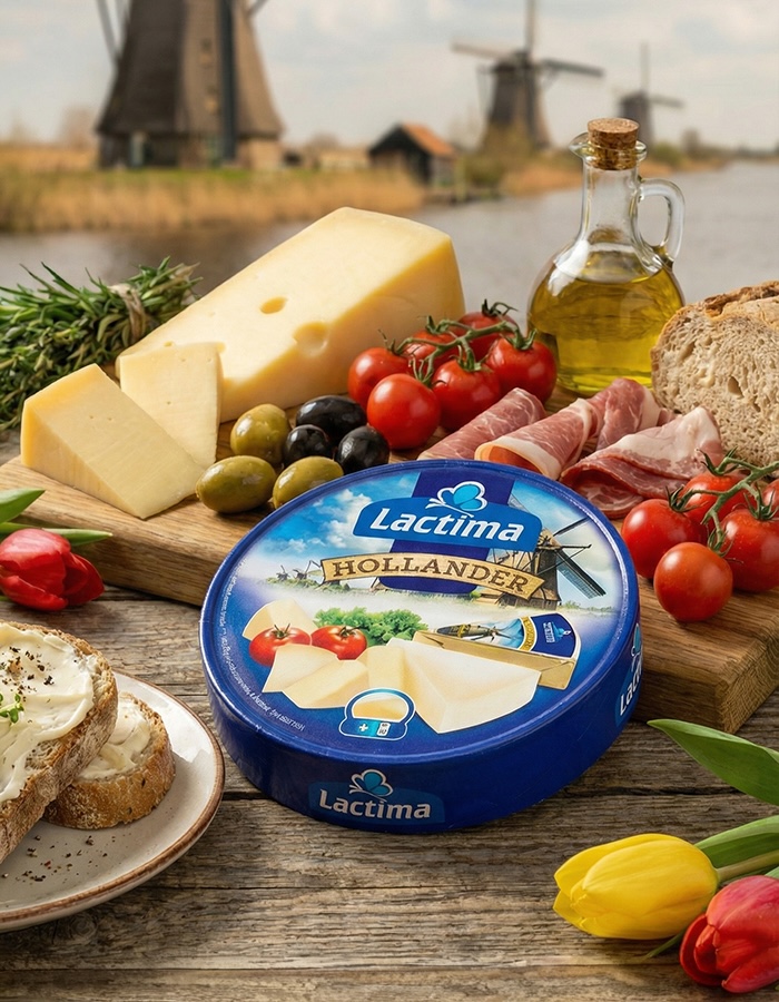 Ser topiony Lactima Hollander w krążku na tle holenderskiego krajobrazu z wiatrakami.