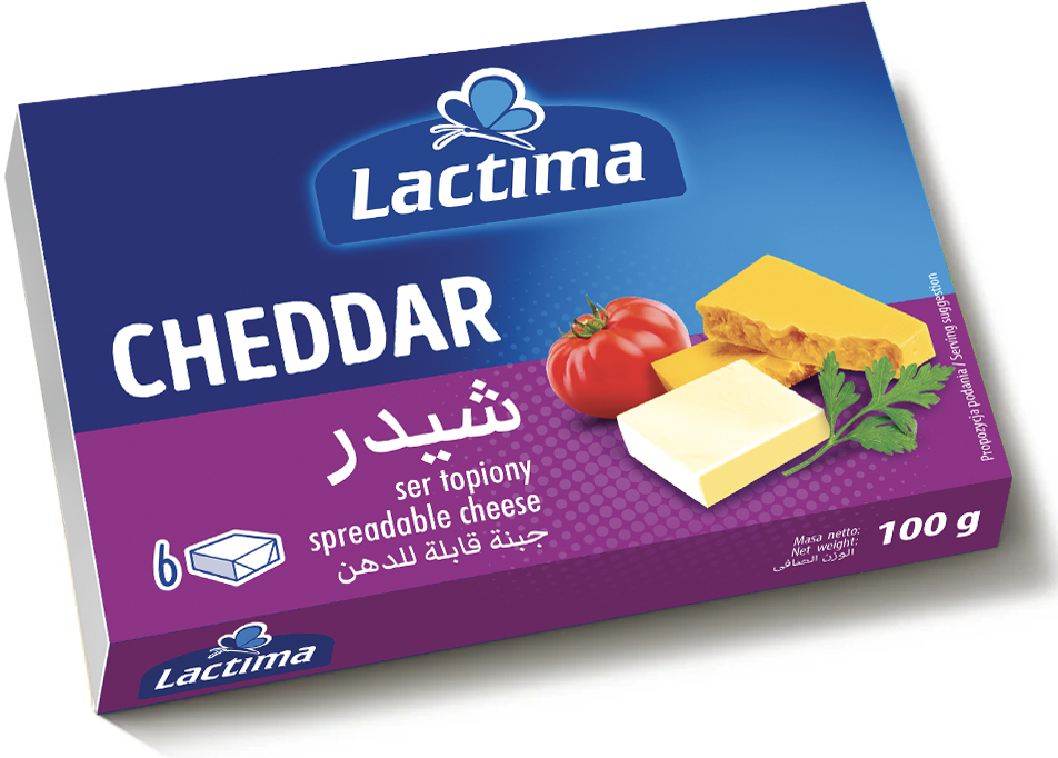 Lactima Cheddar processed cheese packaging (100g).