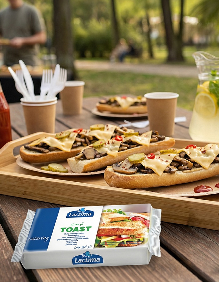 Bagietki z pieczarkami i roztopionym serem Lactima na drewnianej tacy podczas pikniku