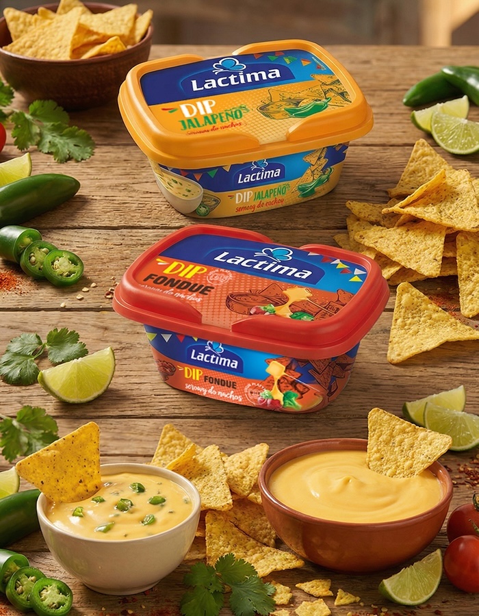 Dipy serowe Lactima (Jalapeño i Fondue) podane z nachosami.