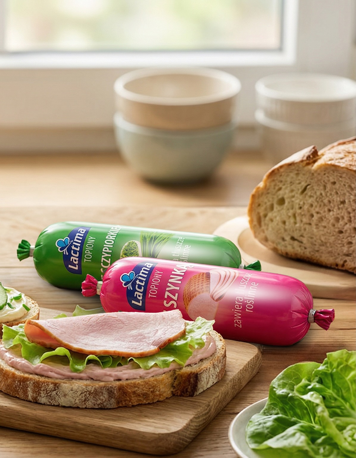 Sery topione Lactima w kiełbaskach (Z Szynką, Ze Szczypiorkiem) obok gotowych kanapek.