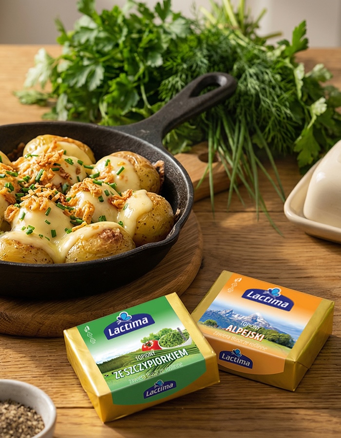 Sery topione Lactima (Ze Szczypiorkiem, Alpejski) obok pieczonych ziemniaków z patelni.