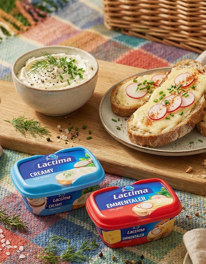 Lactima Creamy and Emmentaler spread cheese with sandwiches on a picnic.
