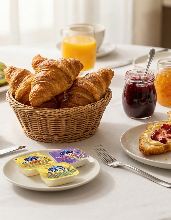 Masło i margaryna Lactima w małych porcjach obok koszyka ze świeżymi croissantami