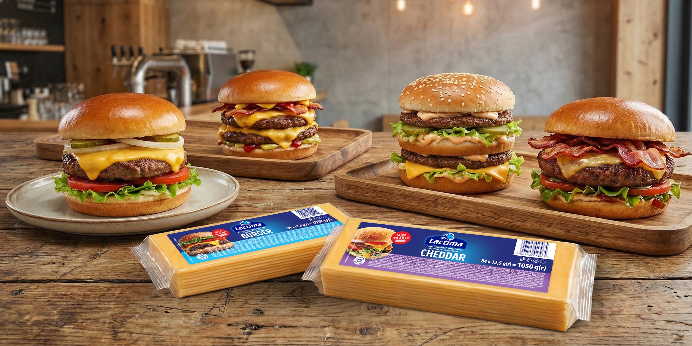Lactima cheese slices for burgers: Burger and Cheddar varieties displayed with freshly prepared burgers.